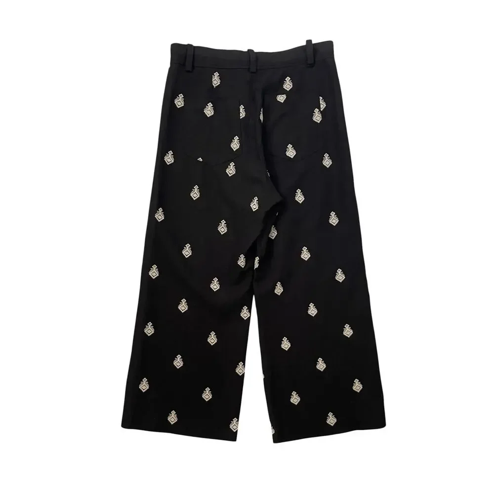 Zara Linen Blend Cropped Pants - Black with White Contrast Embroidery - Size L